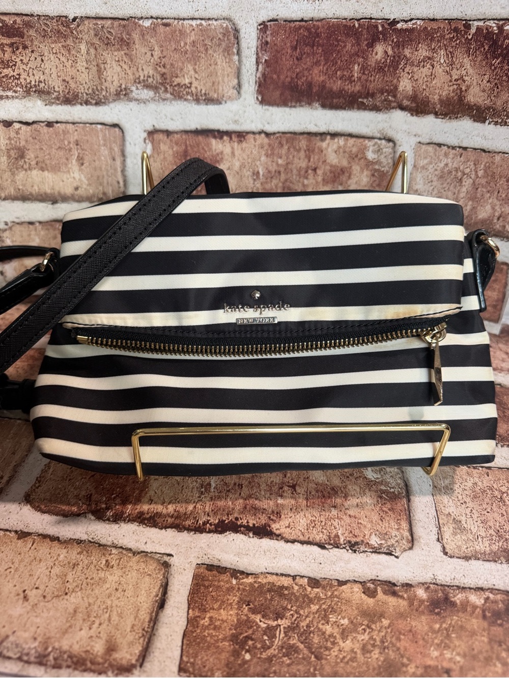 kate spade Black and White Striped Crossbody with Gold Hardware